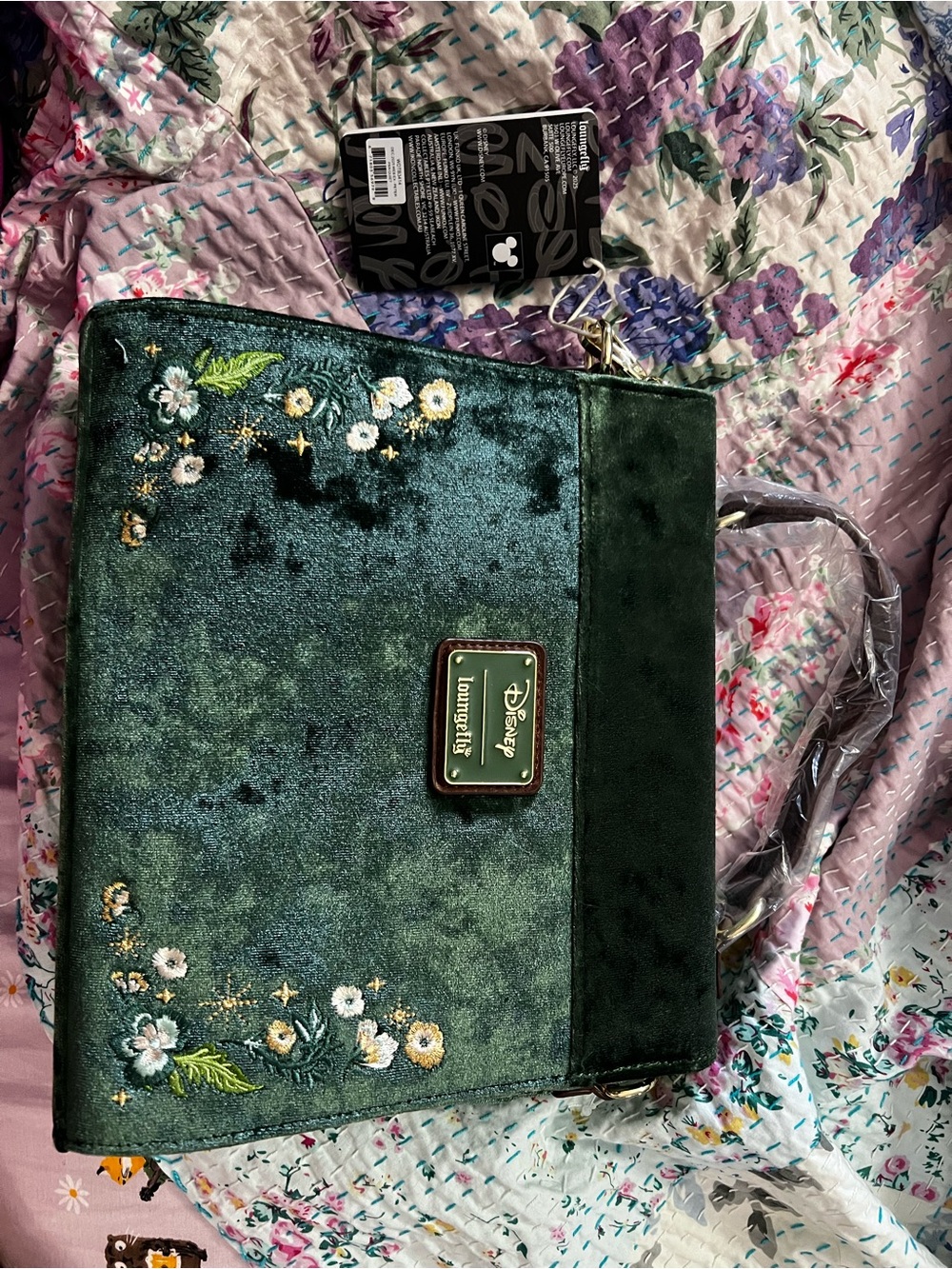 Loungefly Dark Green Velvet Floral Embroidered Crossbody - Picture 2 of 2